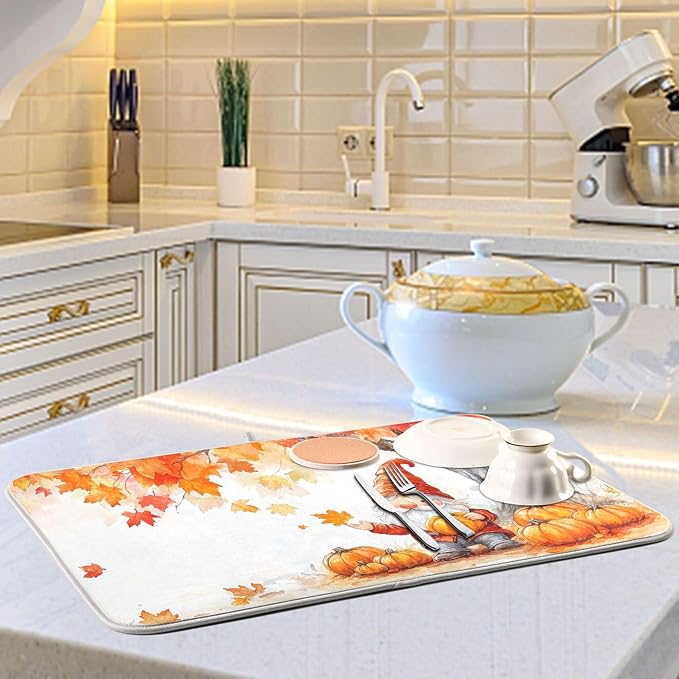 Fall Gnomes Dish Drying Mat for Kitchen Countertop 16x18 Autumn Pumpkin Maple Leaves Small Drying Mat Reusable Quick Dry Dish Sink Mats Easy Clean Decorative Essentials