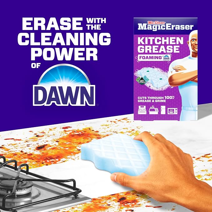 Mr. Clean Magic Eraser Foaming Sponge, Kitchen Grease Eraser, Dawn Cleaning Power, Oven Cleaner, Unstopables Fresh, 6ct