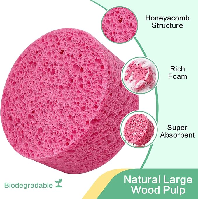 3-Pack Large Sponge, Kitchen Sponges, Handy Sponges, Cellulose Sponges, Dish Washing Sponge, Natural Sponge, Car Washing Sponge, Eco Friendly Sponge (Round, 4" X 4" X 2"), Pink