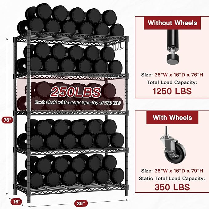 PrimeZone 4 Packs 36" W x 16" D x 79" H Wire Storage Shelves with Wheels, 5 Tier NSF Certified Heavy Duty Adjustable Kitchen Shelving Unit, Pantry Organizer Rack Rolling Metal Shelf for Garage Closet