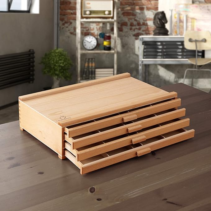 7 Elements 4 Drawer Wooden Artist Storage Supply Box for Pastels, Pencils, Pens, Markers, Brushes and Tools