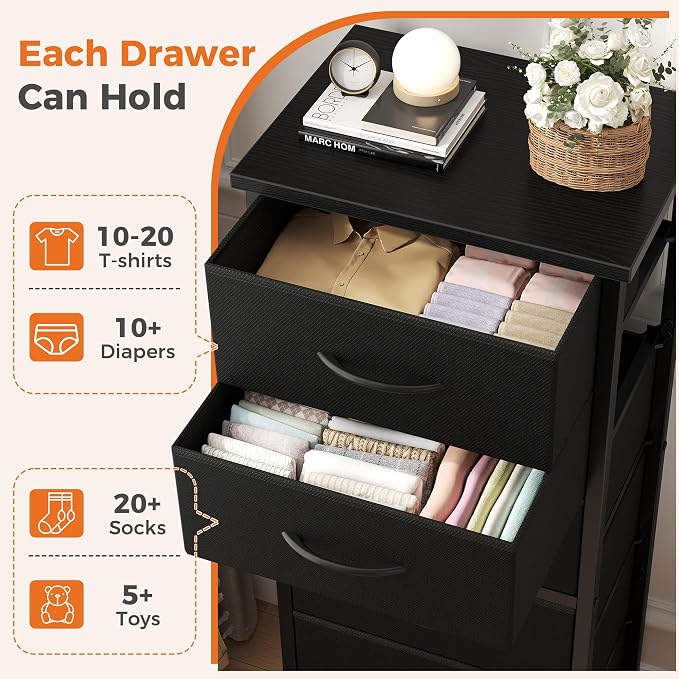 Sweetcrispy Tall Fabric Dresser for Bedroom, 6 Drawer Chest of Drawers | Narrow Storage Tower with Wood Top and Metal Frame, Vertical Nightstand for Closet, Bedroom Organization Furniture, Black
