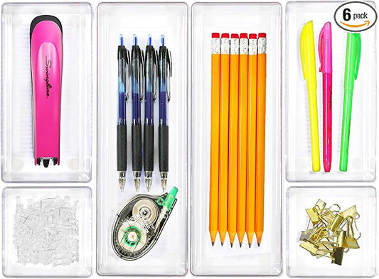 Simple Houseware Clear Desk Drawer Organizer, Assorted Sizes, 6 Packs | For Desk, Office, Bathroom, Makeup, and Craft Storage