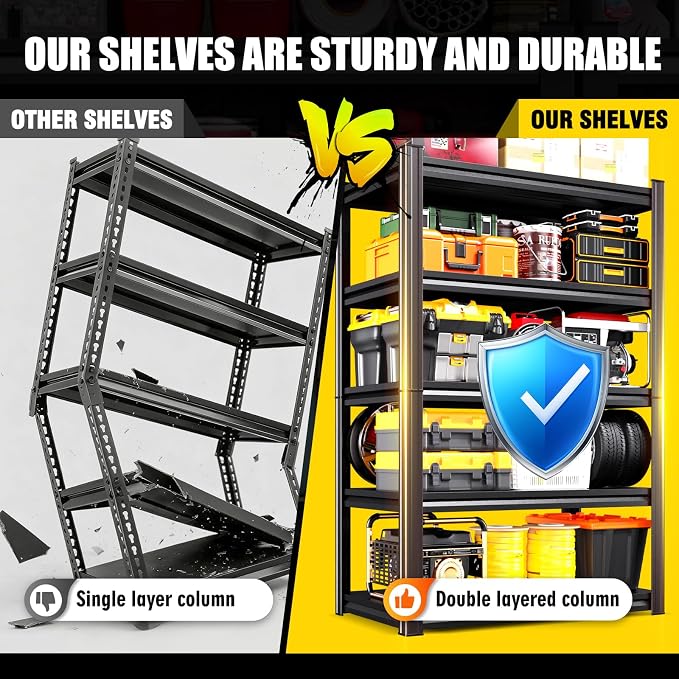 Set of 6 Heavy Duty Garage Shelving Unit, 71.2" H x 35.4" W x 16" D, 5-Tier Adjustable Storage Shelves for Garage Storage, Standing Shelf Unit & Shelves Organizer for Home, Warehouse, Workshop