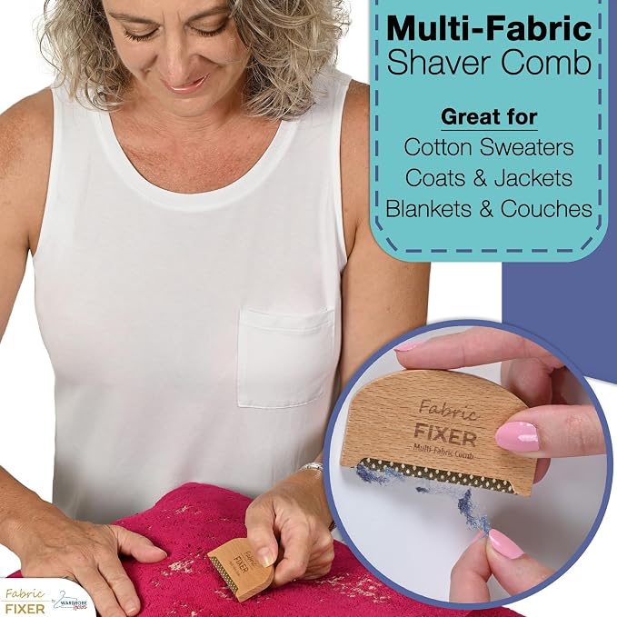 Cashmere Pill Remover Comb & Multi Fabric Shaver Depilling Sweater Fuzz Comb Set (Cedar & Beech Wood) Wool Pilling Remover for Delicate Clothing Fabrics, Furniture, Pillows, Sheets by Fabric Fixer