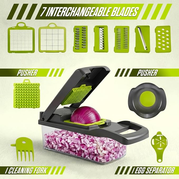 15 in-1 Vegetable Chopper with Container – Mandoline Slicer, Onion Dicer, Food Chopper, Cheese Grater– Multi Blade Kitchen Cutter for Fruits & Vegetables