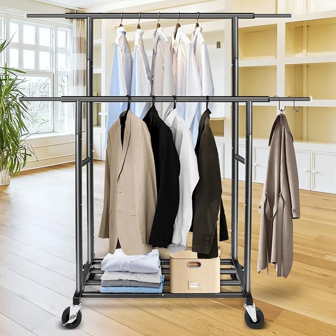 Fishat 48"W x 15"D x 67"H Portable Black Double Rods Garment Clothes Rack | Metal Freestanding Hanging Organizer, Mobile Lockable Wheels, Portable Freestanding, for Storage, Drying, Bedroom