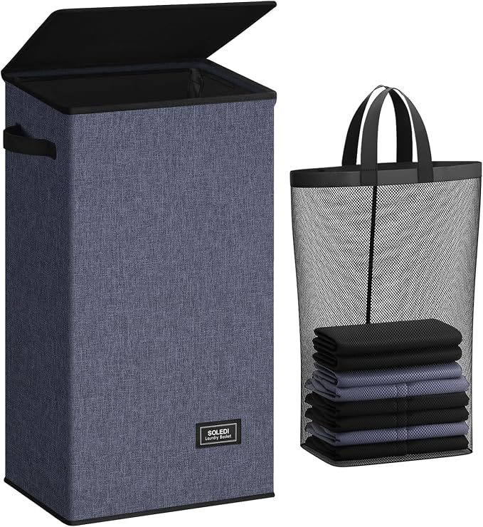 SOLEDI Laundry Hamper with Lid 100L Large & Tall Collapsible Laundry Basket, Clothes Hamper with Bag Removable Easy to Carry, Dirty Hampers for Bedroom, Bathroom, Dorm, College, Navy Blue
