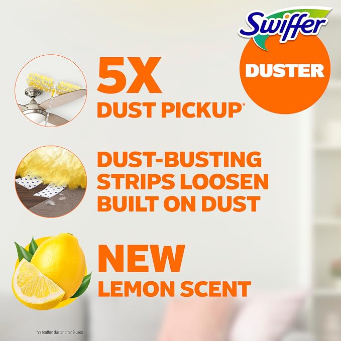 Swiffer Duster Kit with 6 ft Super Extendable Handle, Heavy Duty Starter Kit with 8 Refills, Lemon Scent