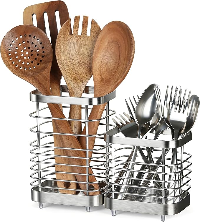 Utensil Holder, Stainless Steel Utensil Drying Rack for Kitchen Counter, Silverware Cutlery Flatware Holder Forks, Knives, Spoons, Chopsticks Organizer (Silver)