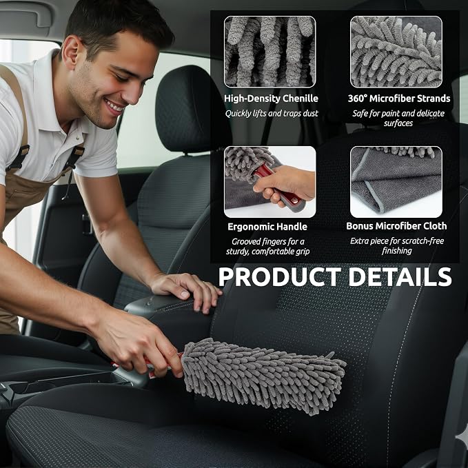 TAKAVU Car Duster Interior, 360° Microfiber Fingers, Lint & Scratch Free | Unbreakable Comfort Handle Duster, Includes Microfiber Towel, Lint-Free & Safe for Car & Home Interior, Gray