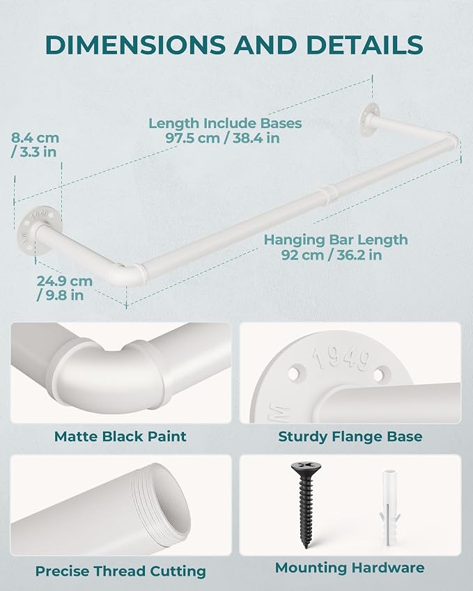 OROPY 38.4" Industrial Pipe Clothes Rack Wall Mounted, Heavy Duty, 2 Pack | Heavy Duty Iron Pipe Clothing Garment Rail, Multi-Purpose Clothing Hanging Rod for Laundry Room and Closet Storage, White