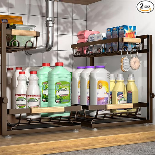 Sevenblue 2 Packs Under Sink Organizer, Height Adjustable 2 Tier Under Kitchen Sink Organizer, Multi-Purpose Storage Shelf for Kitchen Bathroom Cabinet (Brown, Extra Large)