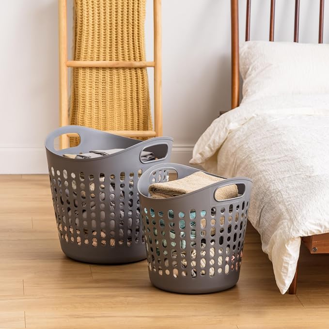 IRIS USA Plastic Laundry Hamper, 40L- 3 PK, Flexible, Ventilation, Gray | Laundry Baskets for Bedroom Bathroom Apartment Dorm, Blankets Pillows Trinkets Storage