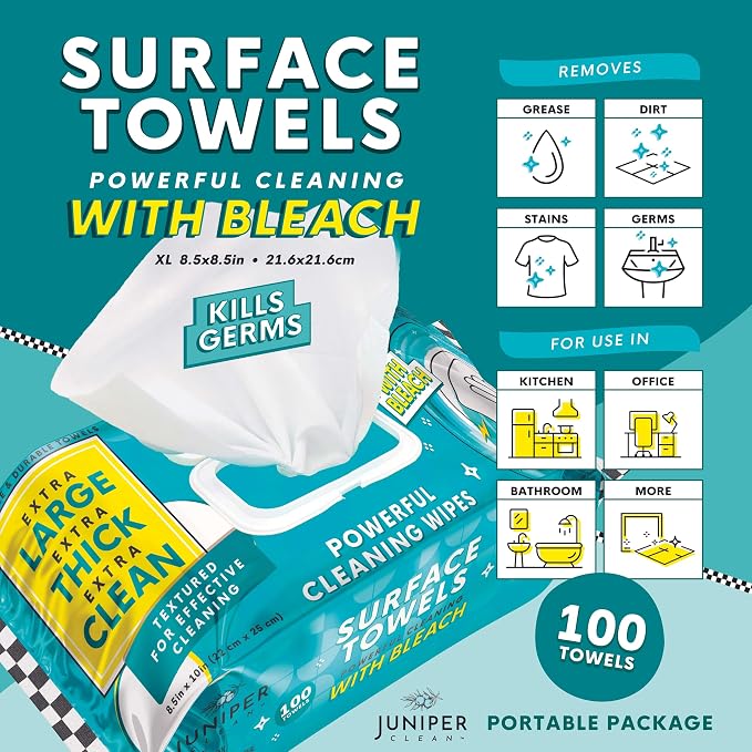 Juniper CLEAN 6 Packs Surface Wipes with Bleach, Thick & Large Dispose, All-Purpose Cleaner for Bathroom, Kitchen, Office, 600 Count Soft Flow, Biodegradable, Fresh Scent