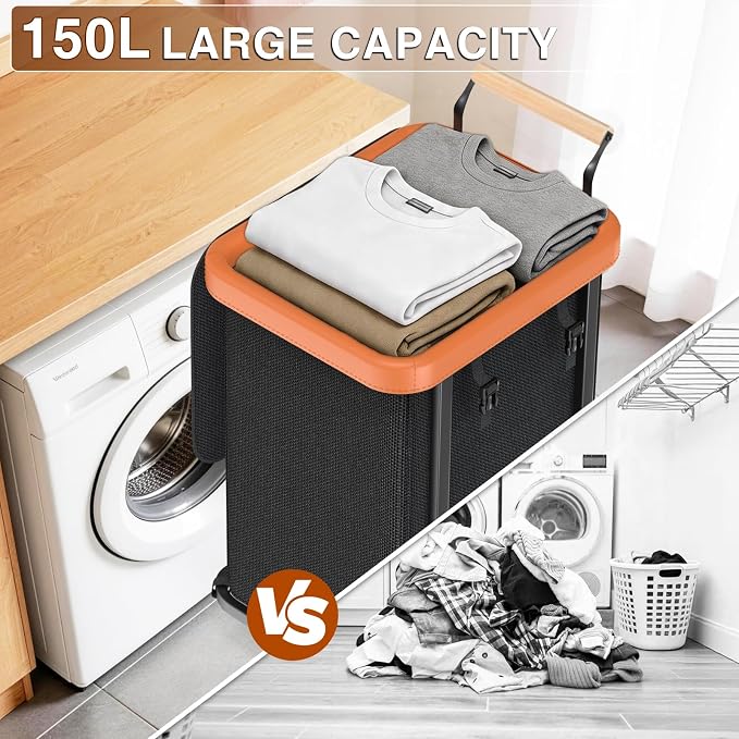 Laundry Hamper with Lid,Leather Patchwork Laundry Basket with Wheels 40Gal | Rolling Laundry Basket with Bag & Handles,Laundry Basket Organizer for Laundry Room,and Bathroom,Laundry Room - Black