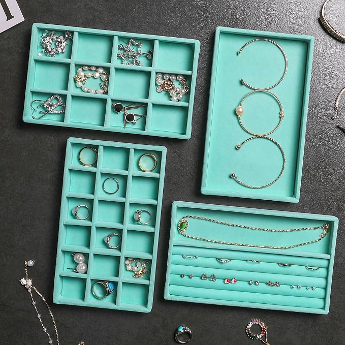 Frebeauty Jewelry Trays for Drawer,Set of 9 Jewelry Organizer and Storage | Velvet Material,Earring Holder Organizer,Stackable Jewelry Display for Vanity,Drawer Inserts for Rings,Studs,8.3×4.9 inch