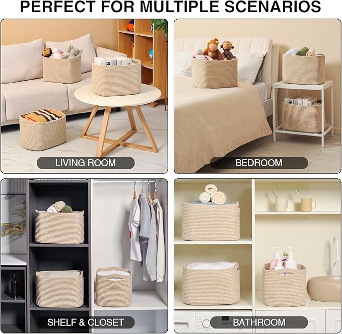 Storage Baskets for Organizing Shelves, Woven Cotton Rope Basket for Storage, Dog Toy Baskets Storage Kids, Cute Shelf Basket for Living Room Bedroom, 14.8"×11"×9.5", Pack of 3, Brown