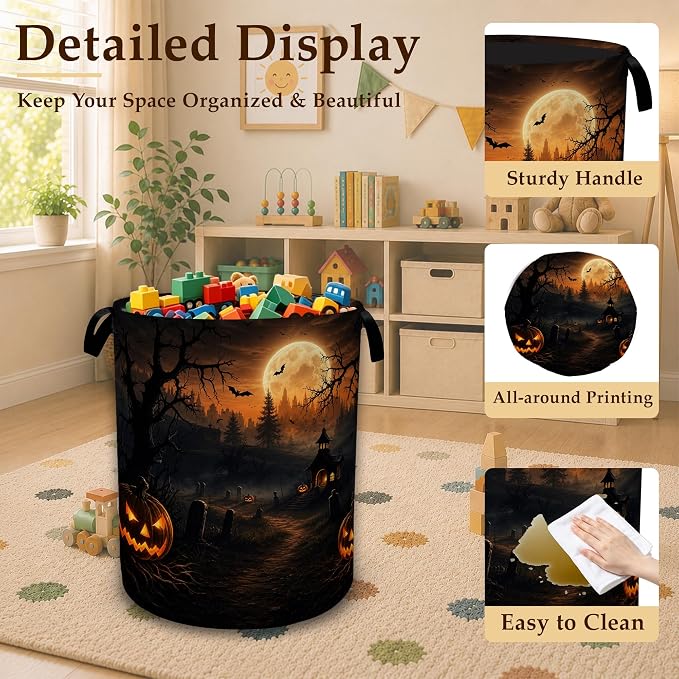 Halloween Pumpkin Night Laundry Basket with Handles, Foldable Tall Oxford Clothes Hamper, Lightweight Water-Resistant Storage Bin for Bedroom Bathroom College Dorm, 16 x 20.8 Inch