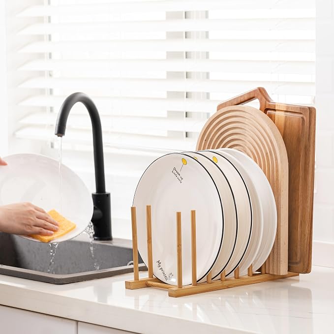 HBlife 4pcs Heighten and Widen Bamboo Dish Dying Rack Pot Lid Plate Organizer Holder for Cabinet, Cutting Board Stand Drainer Storage Plate Rack for Dish, Pot Lid, Bowl, Cup, Cutting Board and Books