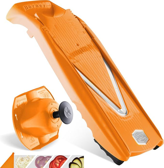Börner Mandoline Slicer V5 (Basic Set) • Vegetable V-Slicer for Slices in 4 Thickness Settings • Stainless Steel V-Blade • Adjustable Kitchen Slicer for Vegetables & Fruits • Color: Orange