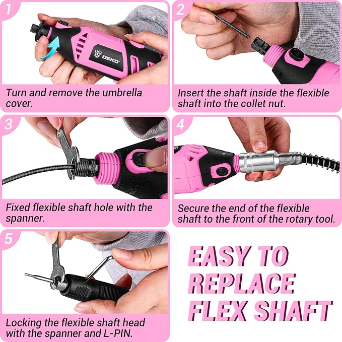 Rotary Tool Kit: DEKOPRO Power Hand Rotary Tools Mini for Wood/Metal, Electric Grinder Drill Machine Set with Flex Shaft for Carving, Cutting, Sanding, Grinding, Polishing, Engraving Pink