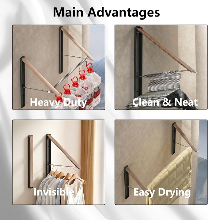 Dr.DJ Clothes Drying Rack with Rod, Wall-Mounted Retractable & Foldable Clothes Hanger for Laundry Room Organization and Storage, Metal Clothes Hanger Rack for Dorm, Closet, Balcony 2Rack, 1Rod Wood