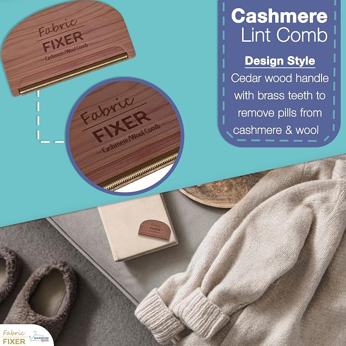 Cashmere Pill Remover Comb with Cedar Wood Handle - Sweater Fuzz Comb & Wool Pilling Remover for Delicate Clothing, Fabrics, Furniture, Sheets by Fabric Fixer