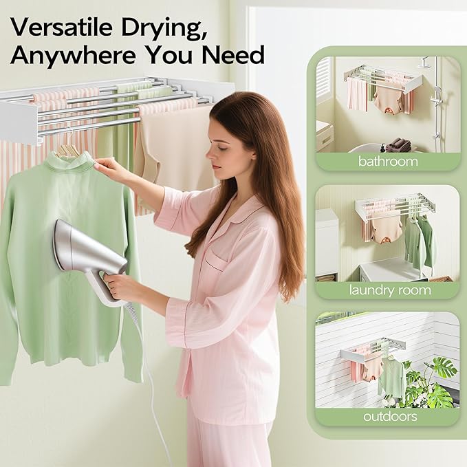 Vikaqi Wall Mounted Clothes Drying Rack 32", Foldable Wall Laundry Rack | Collapsible Drying Rack Clothing Folding Indoor, Hidden Space Saver with Wall Template, 5 Rods, White
