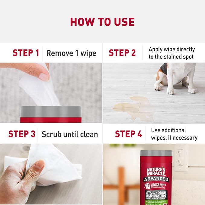 Nature's Miracle Advanced Pet Stain & Odor Eliminating Wipes, 30 Count | Enzymatic Cleaner Eliminates Tough Pet Messes, Quick Clean-Up For Hard Surfaces, Safe For Pets and Home*, Fresh Scent