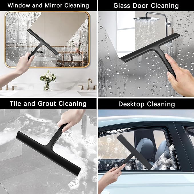 Shower Squeegee for Glass Doors, Bathroom Squeegee Set of 2 (Size 8.3"+9") | Hang Anywhere Silicone Shower Squeegee with Hook Design for Glass, Tile Wall, Mirror, Window, Streak-Free Cleaner Tool,Black