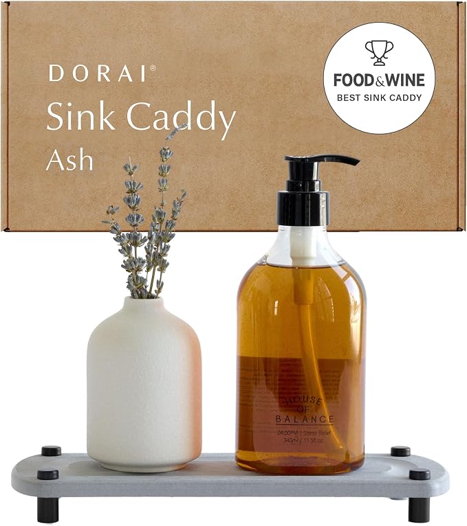 Dorai Home Stone Kitchen Sink Caddy - Diatomaceous Earth Sink Tray with Stainless Steel Feet, Water-Absorbing Countertop Organizer for Kitchen or Bathroom - Ash