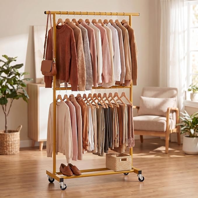 Sywhitta Double Rod Clothing Garment Rack, Rolling Clothes Organizer on Wheels for Hanging Clothes, Easy to Assemble, Adjustable, Gold
