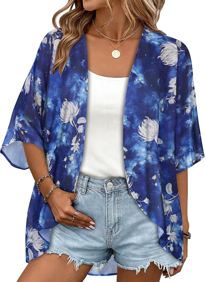 Women Kimono Cardigans Summer Cover Up Hawaiian Shirts Floral Print Tops | ROSEMIA chiffon kimono open front cardigans, beach cover ups, daily casual tops, cruise outfits, summer resort wear