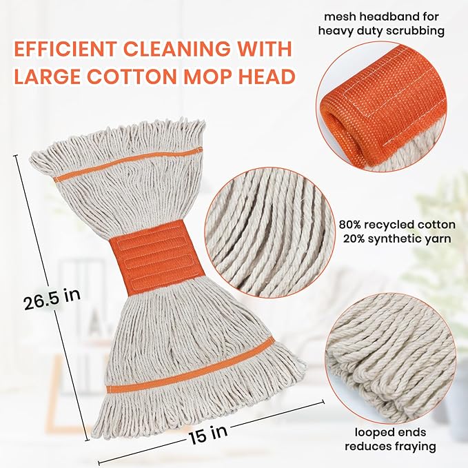 Commercial Mop, 58" Heavy Duty Industrial Mops for Floor Cleaning, String Cotton Mops Wet Mop Professional Janitor Mop for Home,Garage,Office, Workshop, Warehouse-Safety Orange