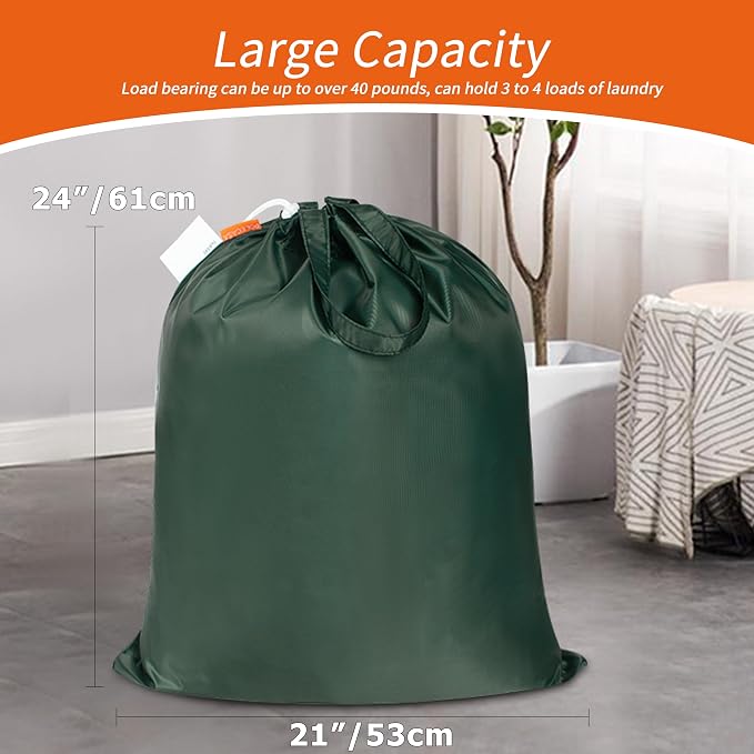 Extra Heavy-Duty Laundry Bag with Handles, Green, 21x24” | Medium Size, Name ID Tag, Machine Washable, Reinforced Handles, Drawstring Closure, For College Dorm Travel