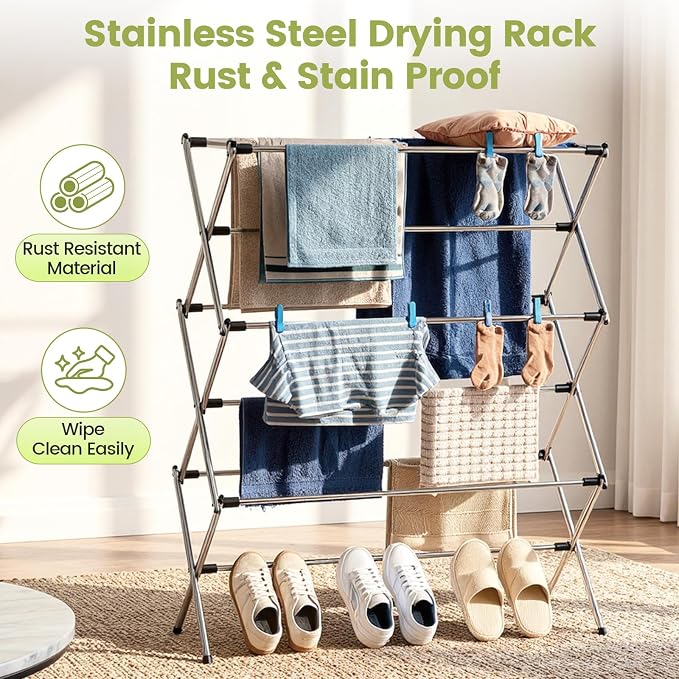 Stainless Steel Clothes Drying Rack, 45.28" H × 14.57" D | Foldable & Extendable, Adjustable Size (24.76"-35.51"L), Space-Saving, Rust-Resistant Frame, Indoor/Outdoor Use, Silver