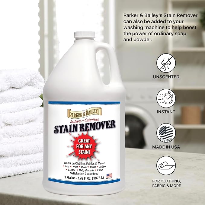 Parker & Bailey Liquid Stain Remover - Instant Stain Removal on Laundry Clothing Fabric Ink Grease Blood Grass Coffee Wine Food Carpet Upholstery Spot Cleaner Odor Free Detergent Booster - Gallon
