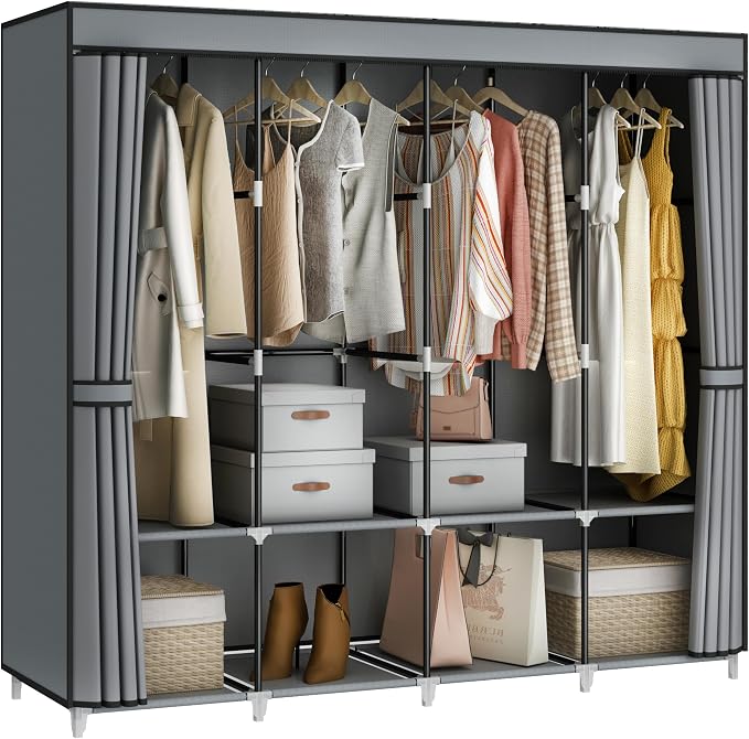 67" Portable Wardrobe Closet for Hanging Clothes, 8 Shelves 4 Rods & Cover