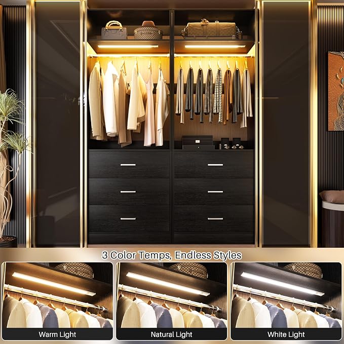 Besiost 8FT Closet System with 4 Motion Sensor LED Lights, 96" Closet Systems with 12 Drawers, Closet Organizer System with 4 Hanging Rods & 4 Shelves, Heavy Duty 96 Inch Walk-in Closet, Black