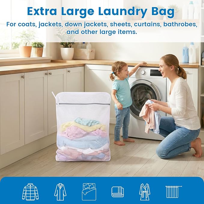 2 Pack Extra Large Mesh Laundry Bags for Delicates, 24x32In+35x43In | 120gsm Honeycomb Mesh, Protect Delicates, Sturdy Zipper, Reusable, Washer & Dryer Safe, For College, Dorm, Home and Travel