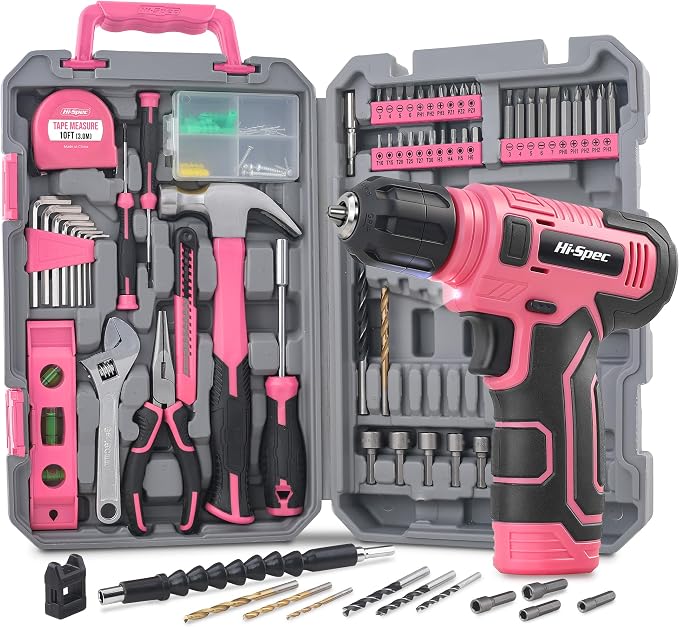 Hi-Spec Tool Set with 8V Drill Set Home DIY Repair & Maintenance, Pink | Cordless USB Electric Drill Driver, Hand Tool Kit for Women and Men, Complete Home DIY Tool Box, Gift, Home Setup help, Tidy