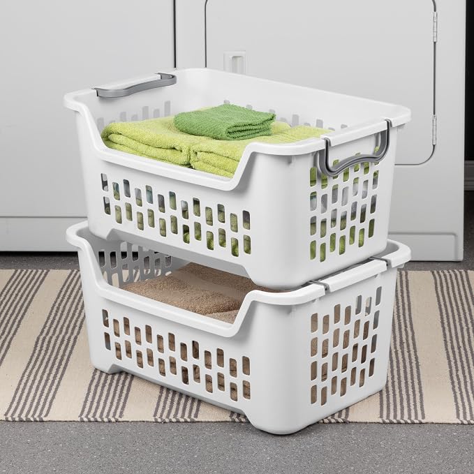 Sterilite 12 Pack Stacking Laundry Basket, 2 Bushel Clothes Hamper, White | Stackable Laundry Basket, Large Rectangular Storage Bin with Carrying Handles and Large 2 Bushel Capacity