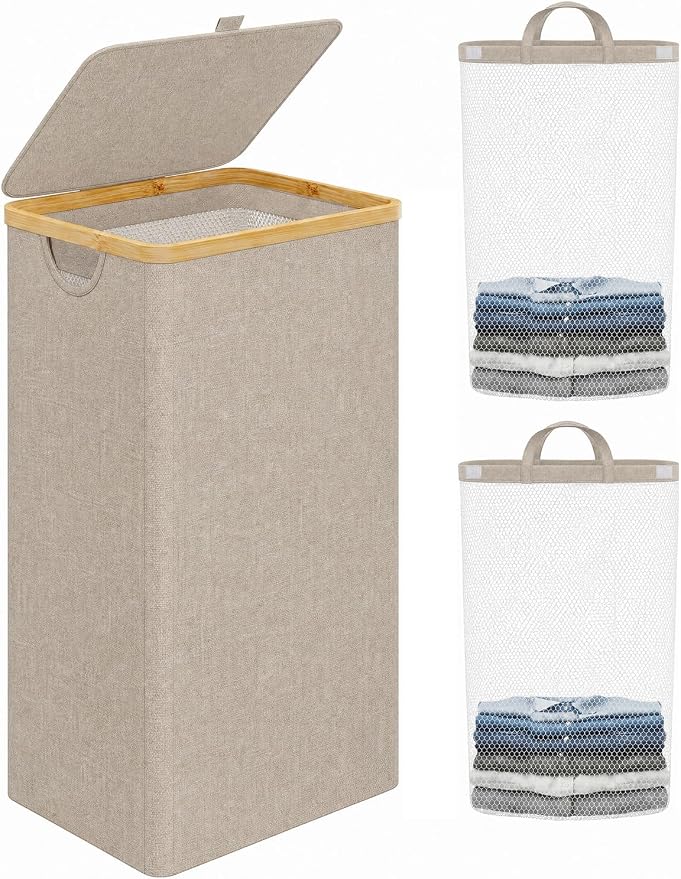 IEGrow Laundry Hamper with Lid,110L Laundry Basket with 2 Mesh Bags,Oatmeal | Dirty Clothes Hamper Basket with Bamboo Handle for Clothes Towels Organization