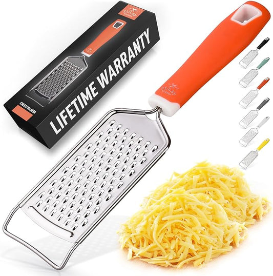 Zulay Kitchen Professional Cheese Grater Stainless Steel - Durable Rust-Proof Metal Lemon Zester Grater With Handle - Flat Handheld Shredder for Parmesan, Chocolate, Spices, And More - Orange