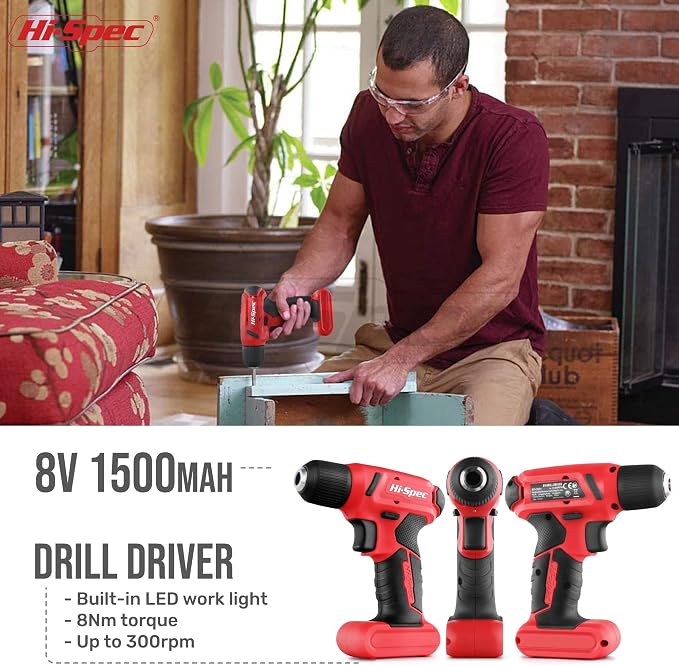 Hi-Spec 8V USB Cordless Drill Driver Home Tool Kit for Home DIY, Red | 58pc, faster holes and screwdriving, bit accessories, portable carry storage, light-duty project control, home setup help