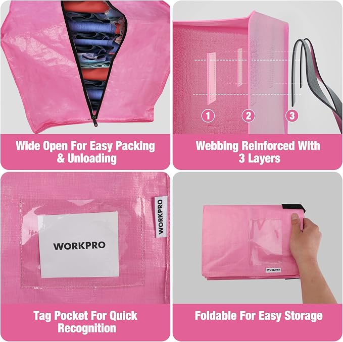 WORKPRO 6 Pack Extra Large Moving Bags with Backpack Straps & Handles | Heavy Duty Pink Moving Storage Bags for Moving, Dorm & Closet Storage, Double Zippers for Easy Packing