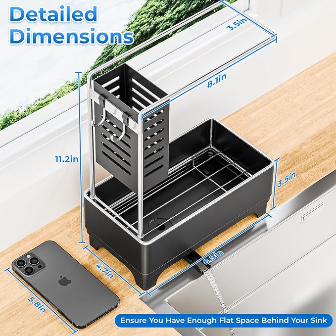 Stainless Steel Sink Caddy, Sponge Holder for Kitchen Sink with Brush Holder and Towel Rack, Sink Organizer for Countertop, Soap Dispenser Kitchen Organizers Storage Essentials(Black)
