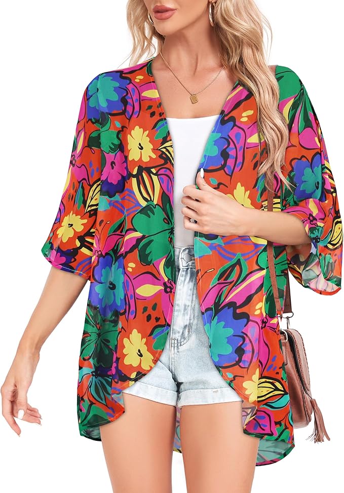 Women Kimono Cardigans Summer Cover Up Hawaiian Shirts Floral Print Tops | ROSEMIA chiffon kimono open front cardigans, beach cover ups, daily casual tops, cruise outfits, summer resort wear