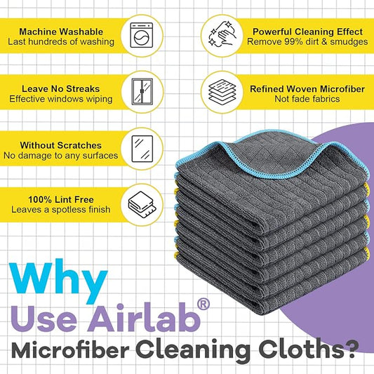 Airlab Glass Polishing Cloth Streak Free Miracle Cleaning Cloth Lint Free Microfiber Cleaning Rags for Glasses Kitchen Dish Mirrors Easy Clean, Pack of 6, 12" x 12", Grey-Light Blue